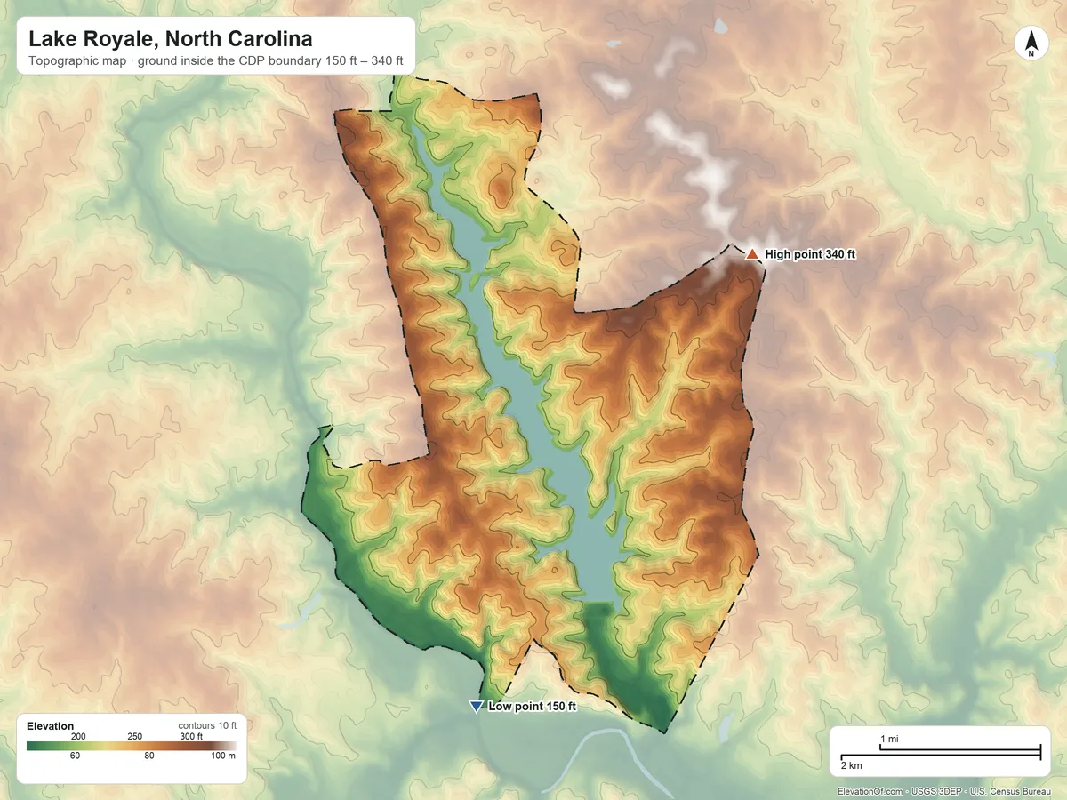 Topographic elevation map of Lake Royale, North Carolina, shaded from 150 ft on the south side to 340 ft on the northeast side