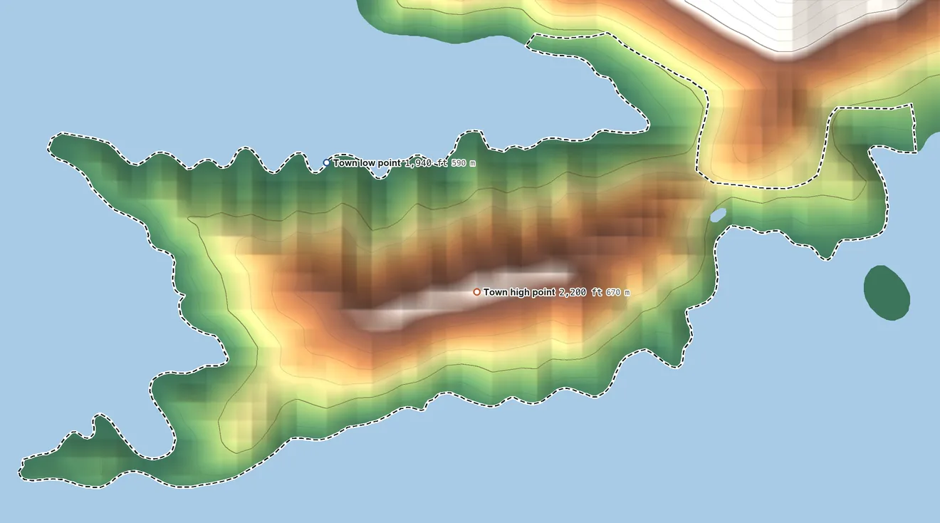 Topographic elevation map of Lake Santeetlah, North Carolina, shaded from 1,940 ft on the northwest side to 2,200 ft at the foot of the Cheoah Mountains