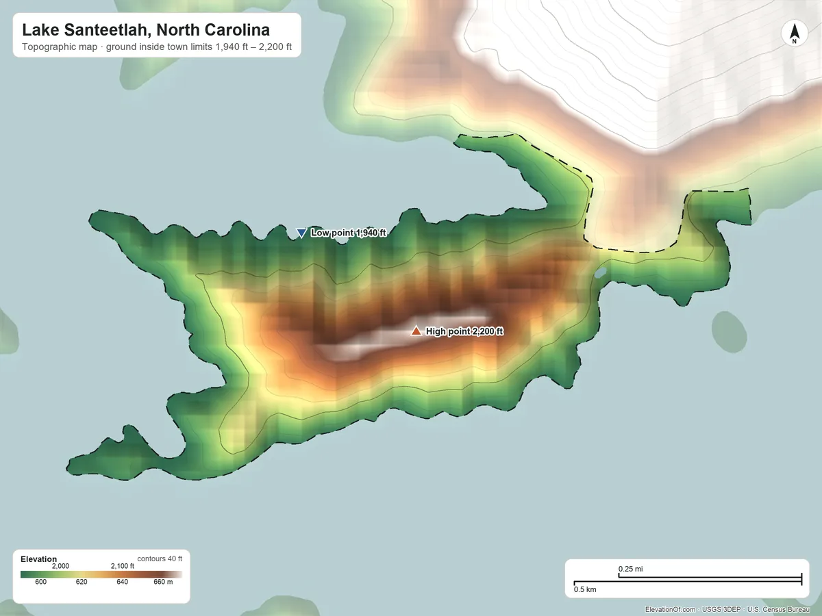 Topographic elevation map of Lake Santeetlah, North Carolina, shaded from 1,940 ft on the northwest side to 2,200 ft at the foot of the Cheoah Mountains