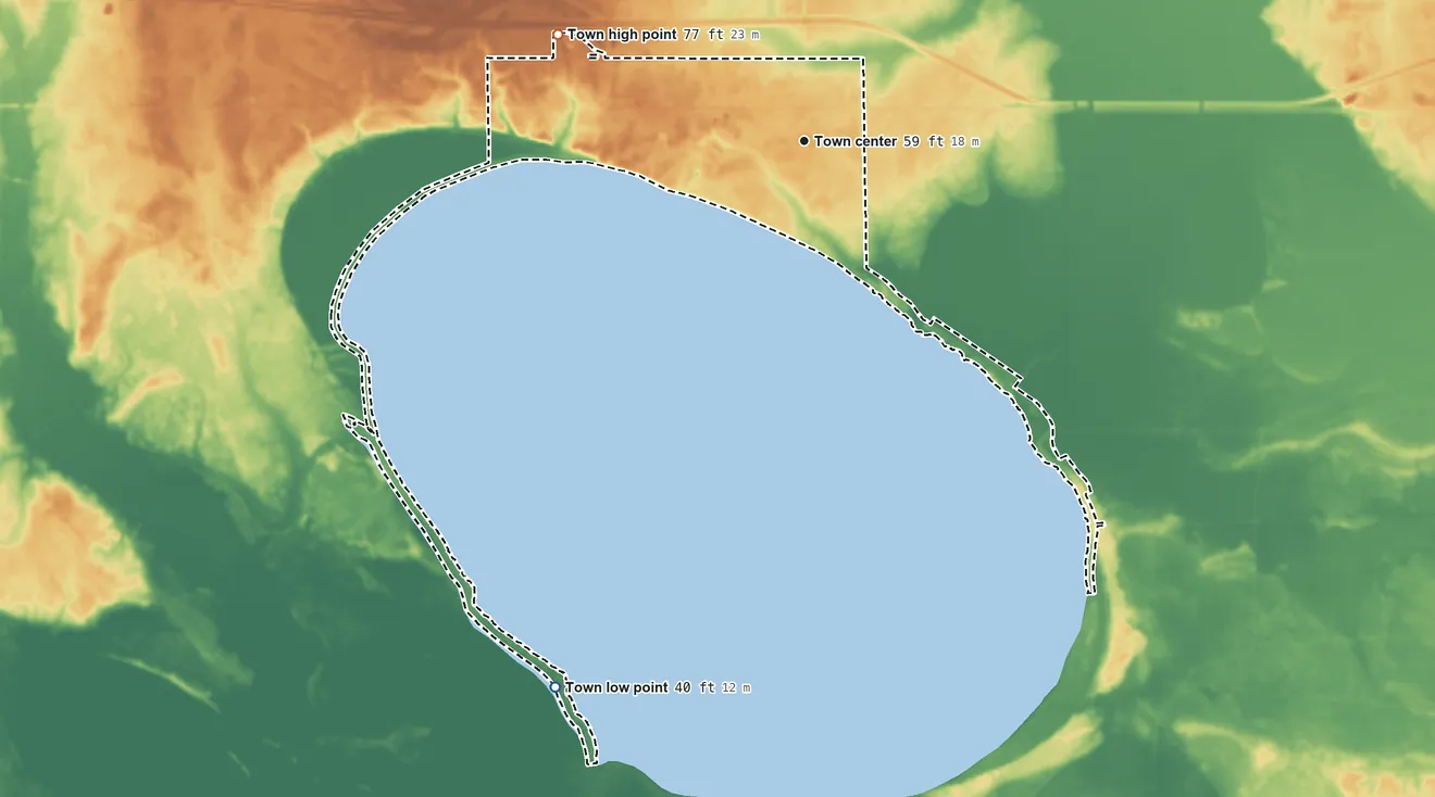 Topographic elevation map of Lake Waccamaw, North Carolina, shaded from 40 ft on the southwest side to 77 ft on the northwest side