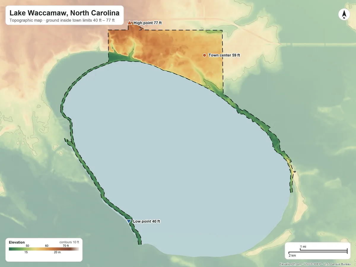 Topographic elevation map of Lake Waccamaw, North Carolina, shaded from 40 ft on the southwest side to 77 ft on the northwest side