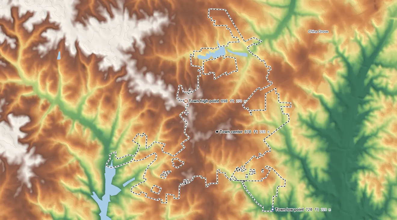 Topographic elevation map of Landis, North Carolina, shaded from 720 ft on the southeast side to 890 ft on the northwest side