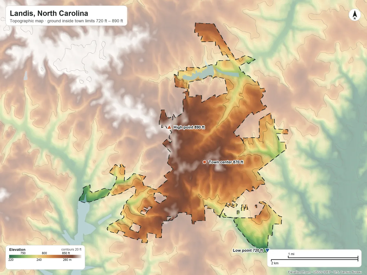 Topographic elevation map of Landis, North Carolina, shaded from 720 ft on the southeast side to 890 ft on the northwest side