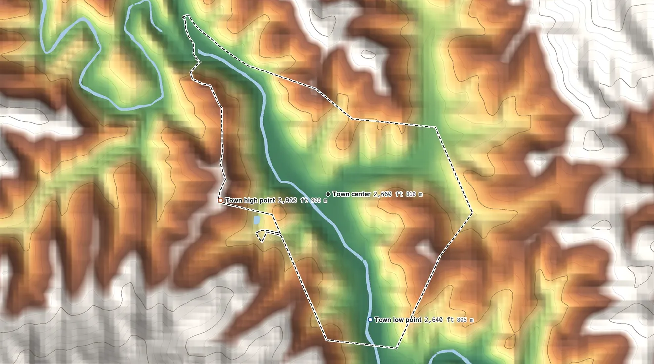 Topographic elevation map of Lansing, North Carolina, shaded from 2,640 ft on the south side to 2,960 ft at the foot of the Stone Mountains