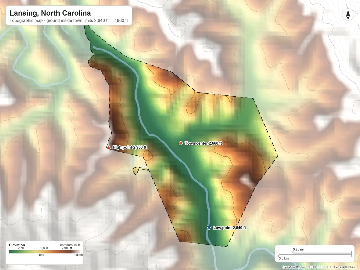 Topographic elevation map of Lansing, North Carolina, shaded from 2,640 ft on the south side to 2,960 ft at the foot of the Stone Mountains