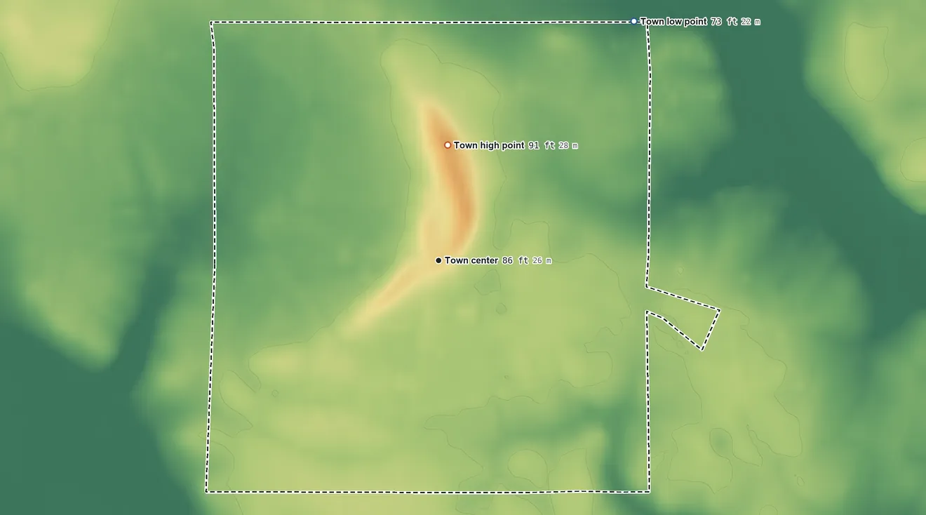 Topographic elevation map of Lasker, North Carolina, shaded from 73 ft on the northeast side to 91 ft on the north side
