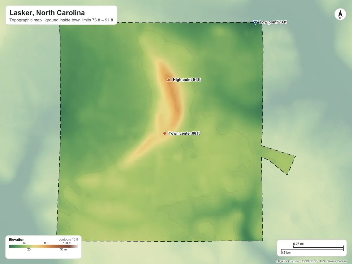 Topographic elevation map of Lasker, North Carolina, shaded from 73 ft on the northeast side to 91 ft on the north side