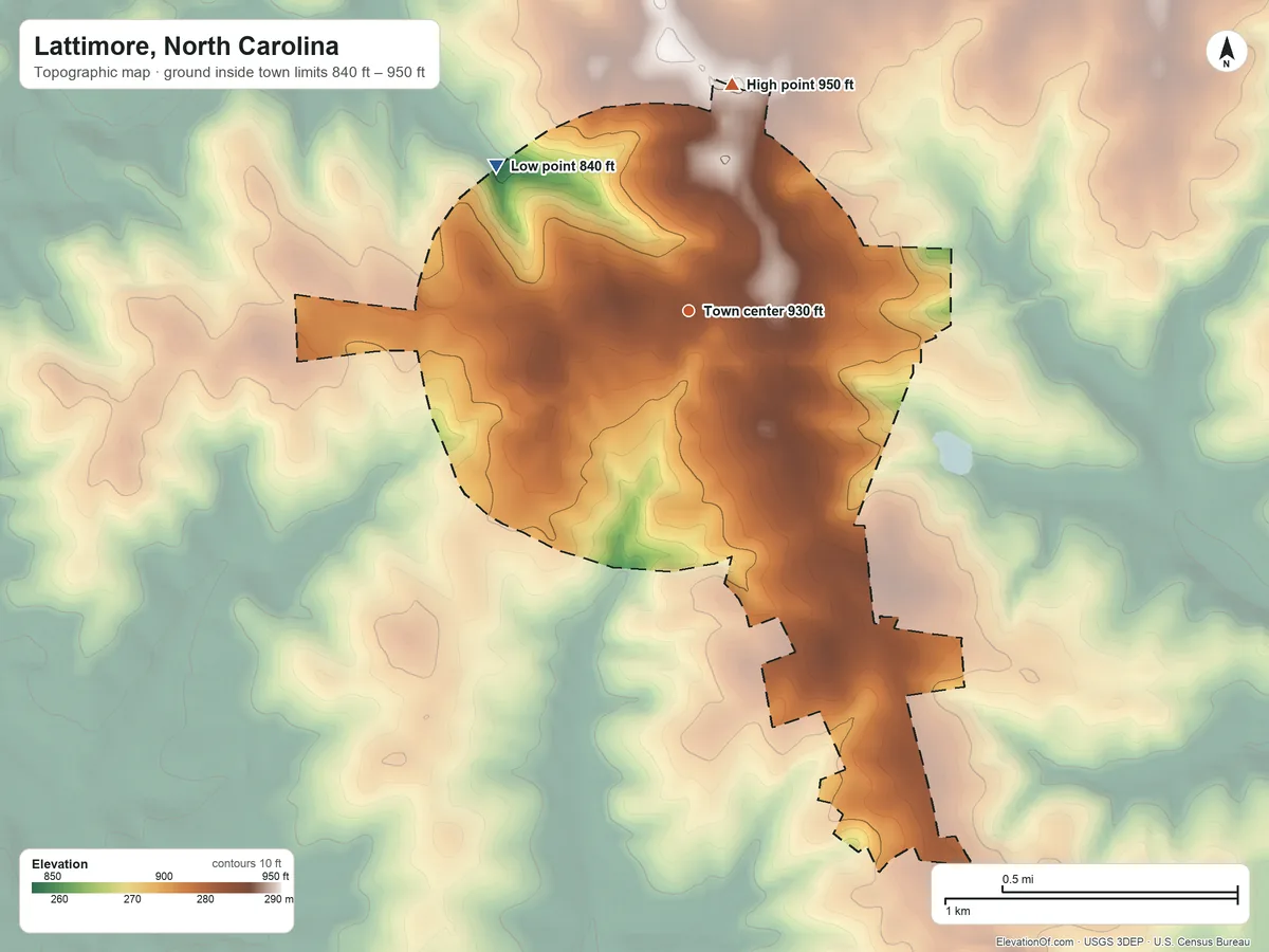 Topographic elevation map of Lattimore, North Carolina, shaded from 840 ft on the northwest side to 950 ft on the north side