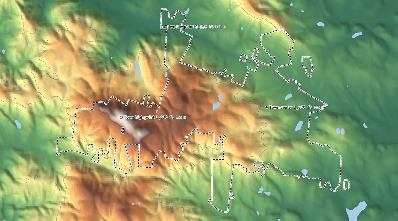 Topographic elevation map of Laurel Park, North Carolina, shaded from 2,120 ft on the northwest side to 3,130 ft on Jumpoff Mountain
