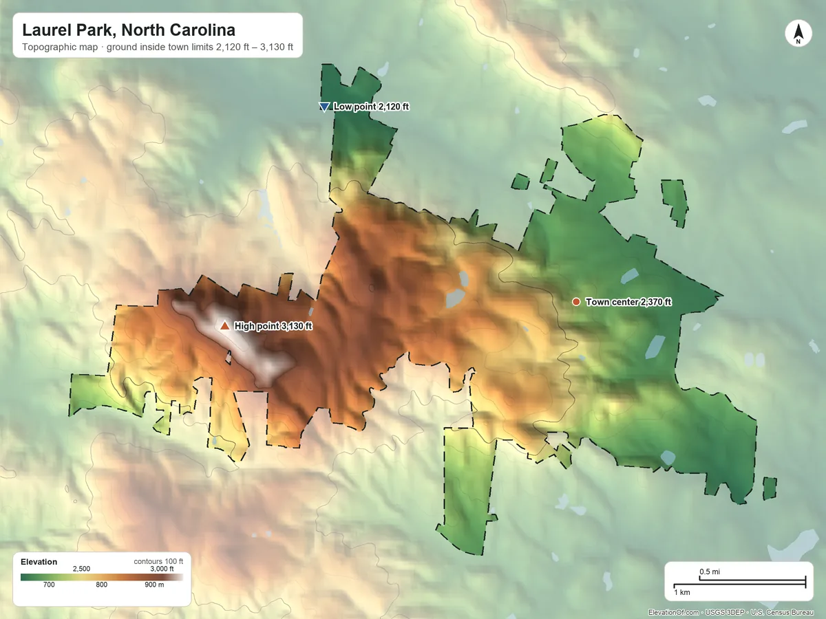Topographic elevation map of Laurel Park, North Carolina, shaded from 2,120 ft on the northwest side to 3,130 ft on Jumpoff Mountain