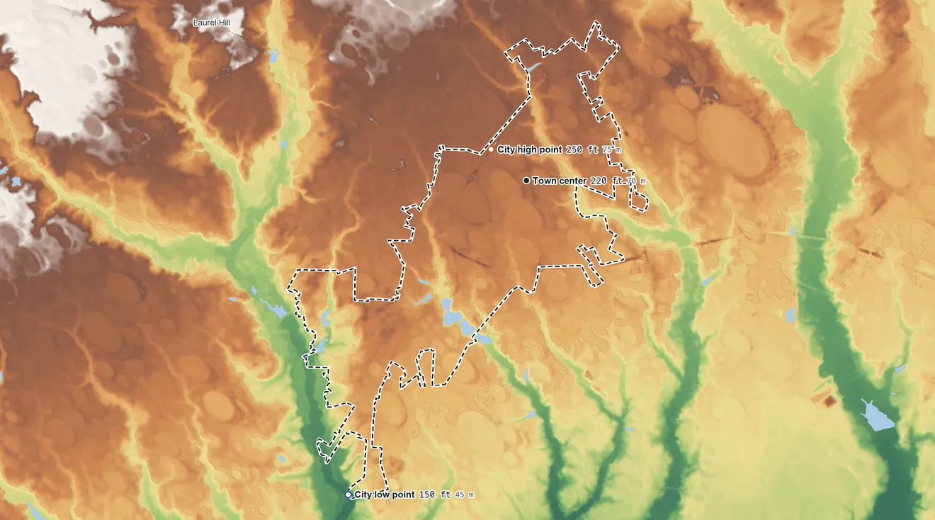 Topographic elevation map of Laurinburg, North Carolina, shaded from 150 ft on the southwest side to 250 ft near the middle