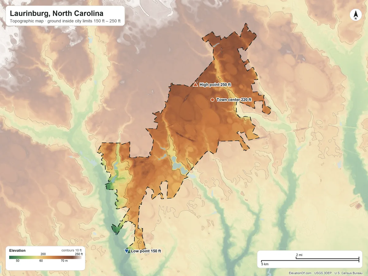 Topographic elevation map of Laurinburg, North Carolina, shaded from 150 ft on the southwest side to 250 ft near the middle