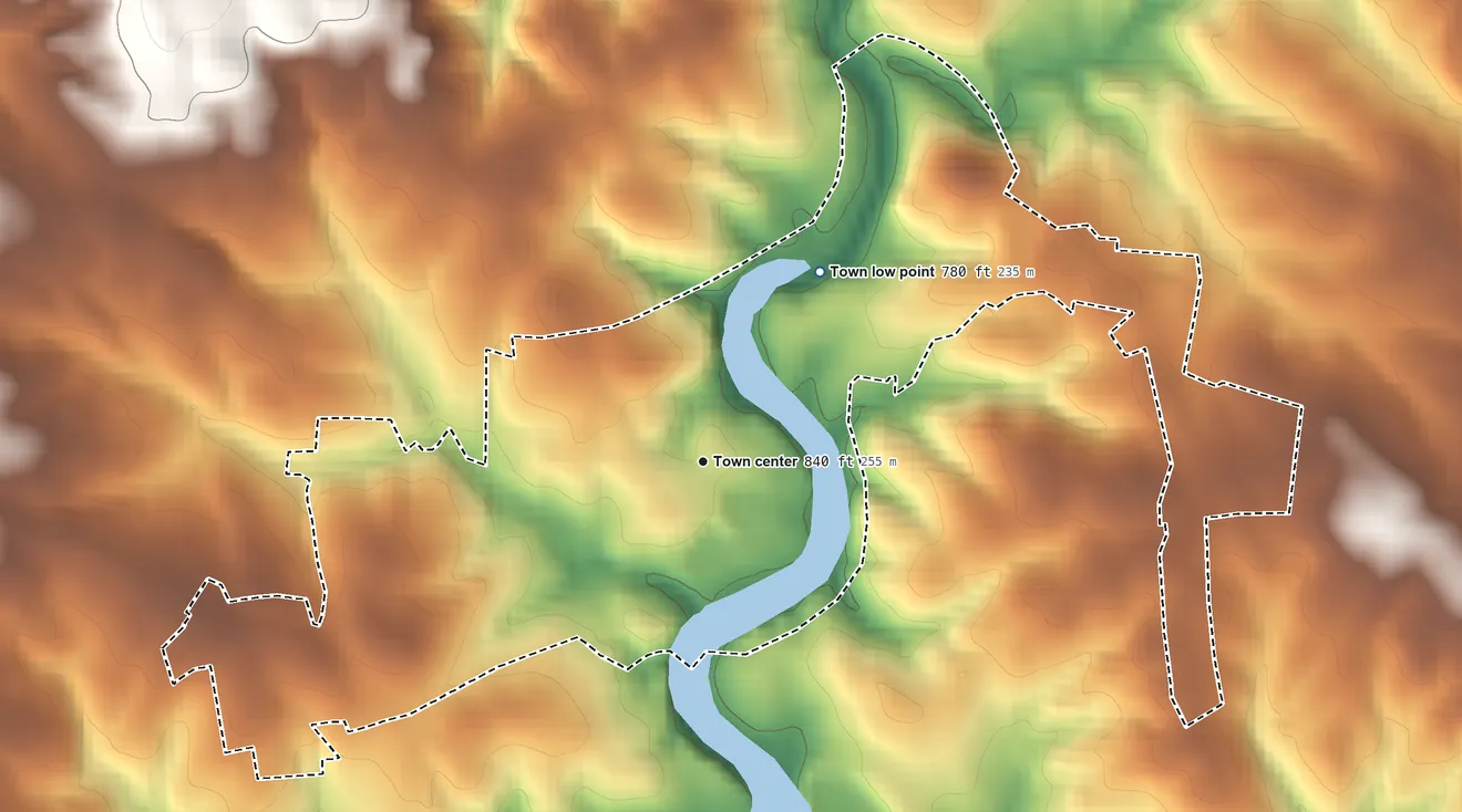 Topographic elevation map of Lawndale, North Carolina, shaded from 780 ft on the northeast side to 990 ft on the east side
