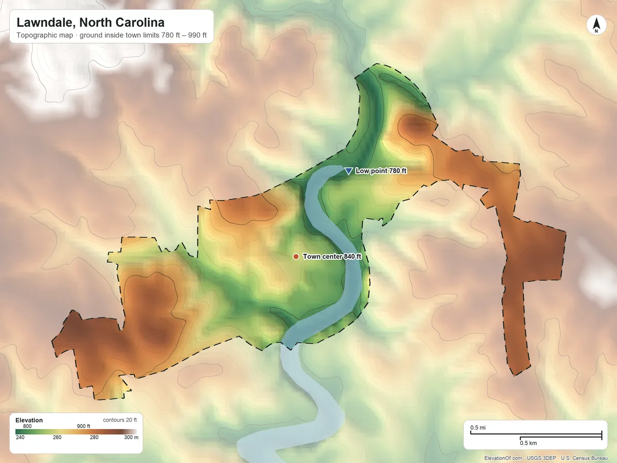 Topographic elevation map of Lawndale, North Carolina, shaded from 780 ft on the northeast side to 990 ft on the east side