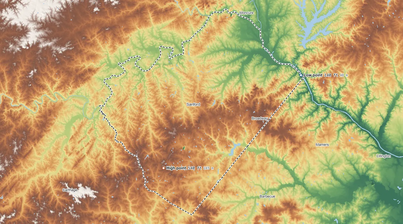 Topographic elevation map of Lee County, North Carolina, shaded from 140 ft on the east side to 540 ft on the southwest side