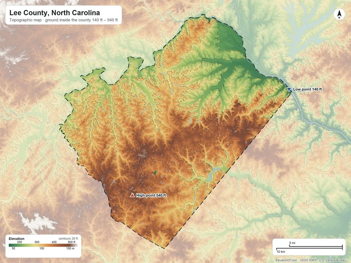 Topographic elevation map of Lee County, North Carolina, shaded from 140 ft on the east side to 540 ft on the southwest side