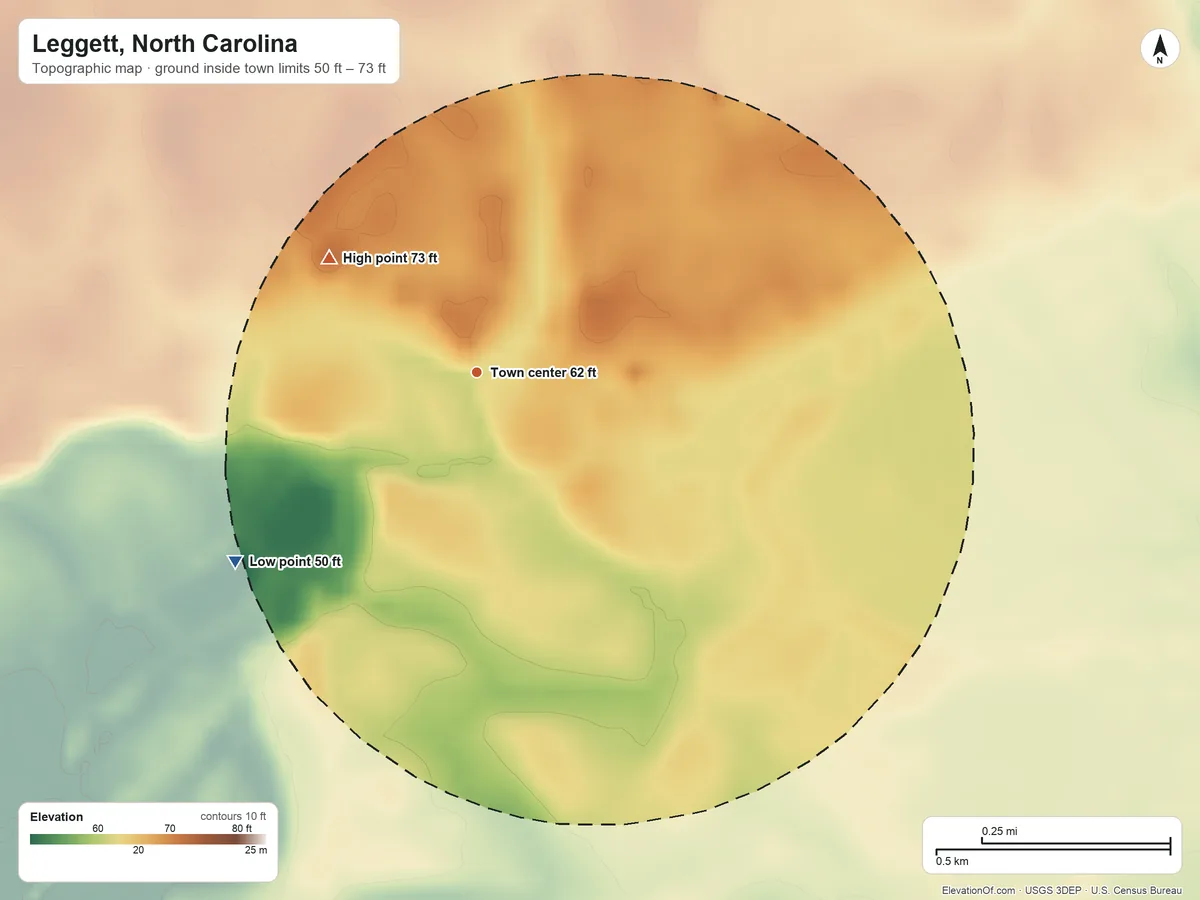 Topographic elevation map of Leggett, North Carolina, shaded from 50 ft on the southwest side to 73 ft on the northwest side