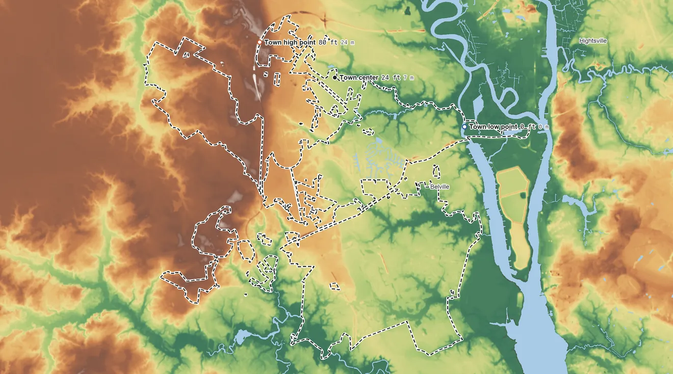 Topographic elevation map of Leland, North Carolina, shaded from 0 ft on the east side to 80 ft on the northwest side