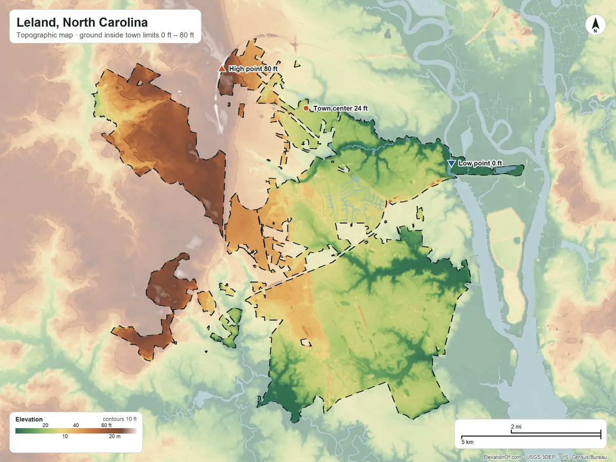 Topographic elevation map of Leland, North Carolina, shaded from 0 ft on the east side to 80 ft on the northwest side