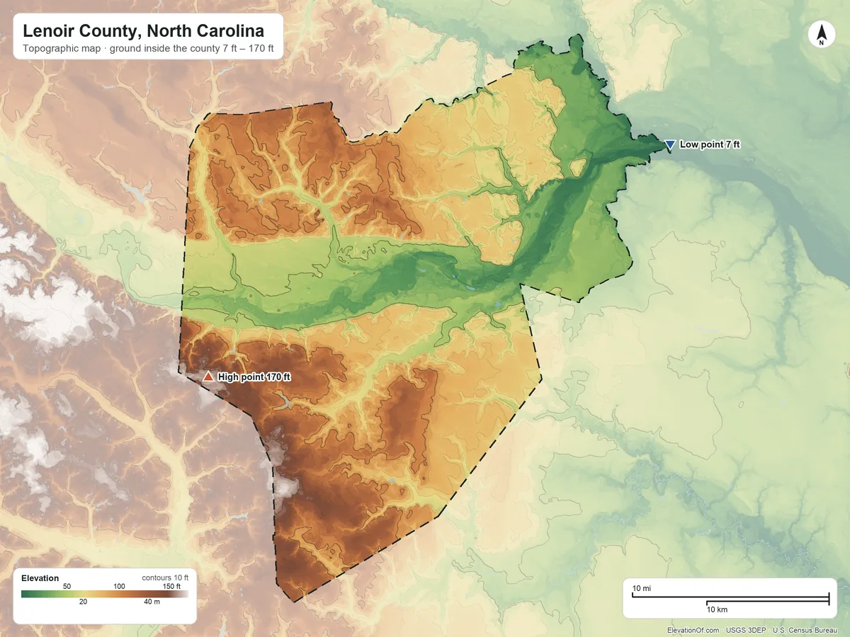 Topographic elevation map of Lenoir County, North Carolina, shaded from 7 ft on the northeast side to 170 ft on the west side