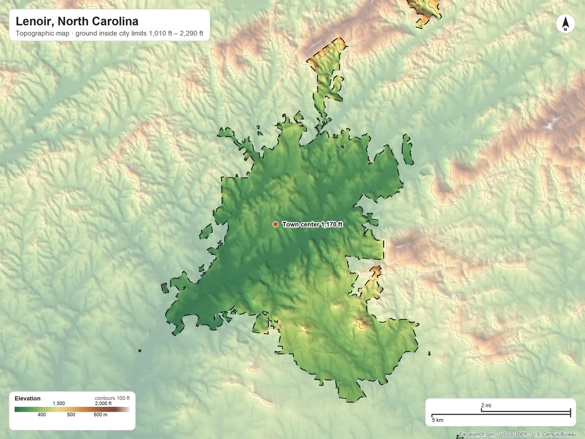 Topographic elevation map of Lenoir, North Carolina, shaded from 1,010 ft on the south side to 2,290 ft on Moses Knob