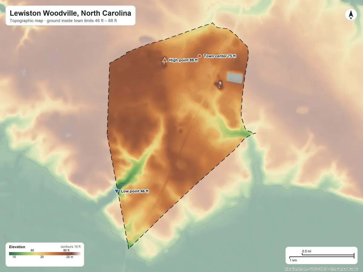 Topographic elevation map of Lewiston Woodville, North Carolina, shaded from 46 ft on the southwest side to 88 ft on the west side