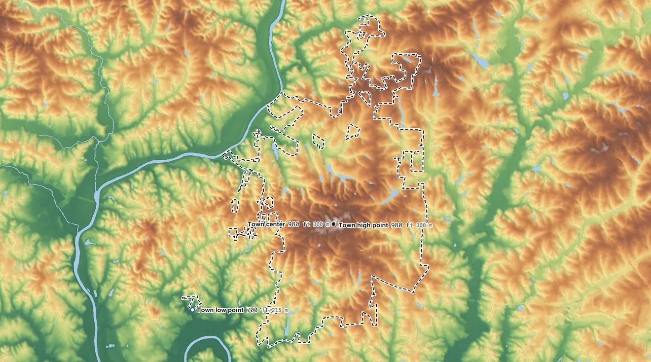 Topographic elevation map of Lewisville, North Carolina, shaded from 700 ft on the southwest side to 980 ft near the middle