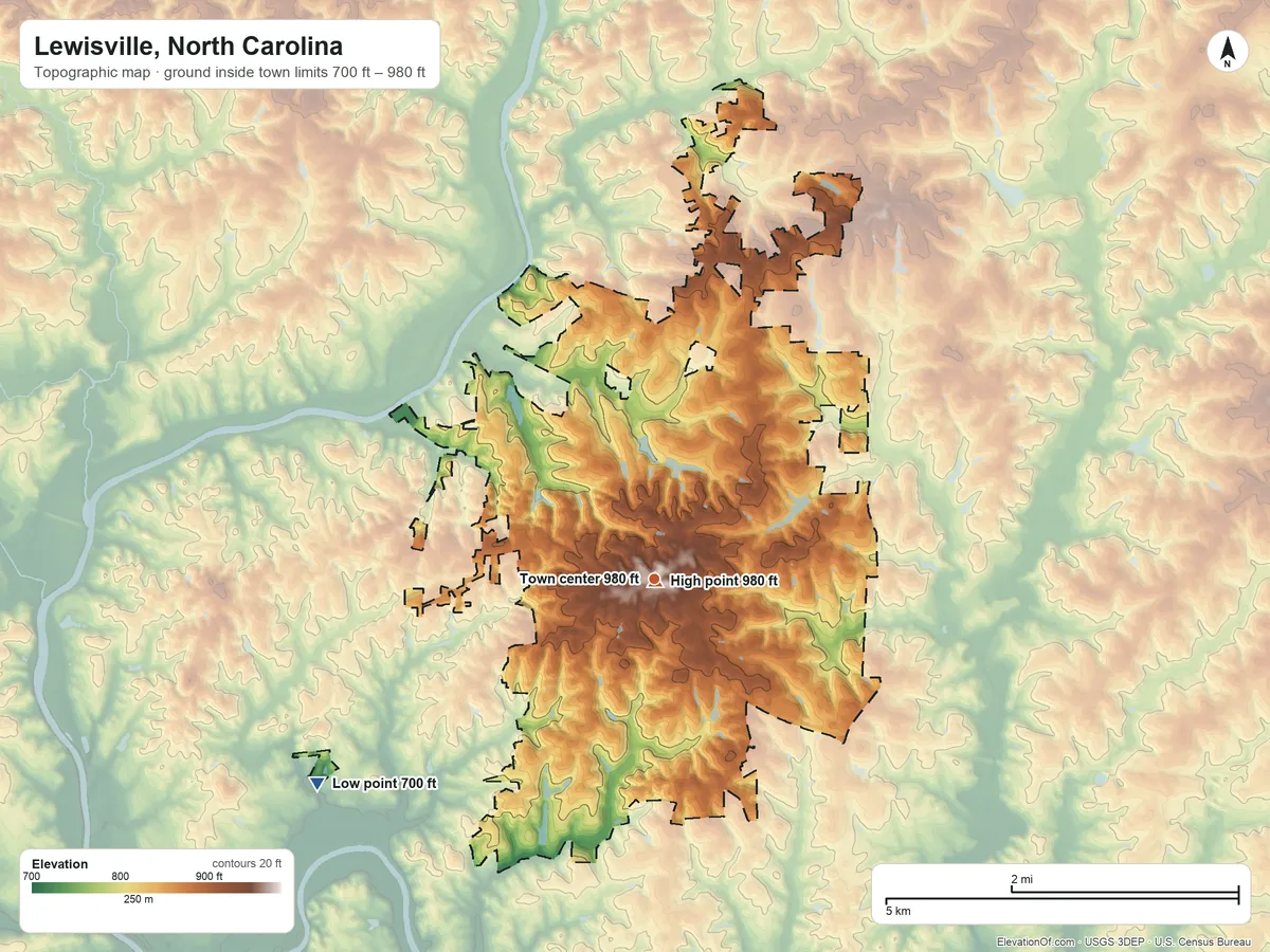Topographic elevation map of Lewisville, North Carolina, shaded from 700 ft on the southwest side to 980 ft near the middle