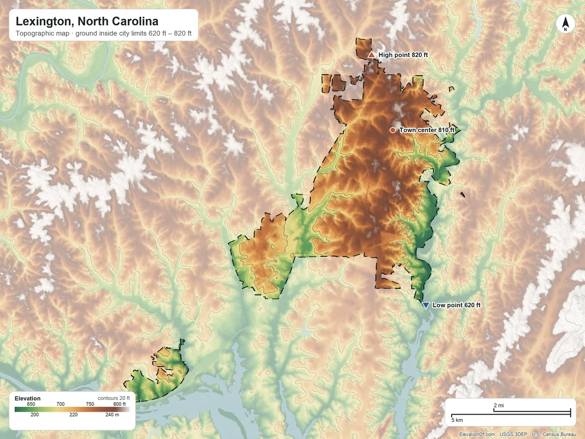 Topographic elevation map of Lexington, North Carolina, shaded from 620 ft on the south side to 820 ft on the north side