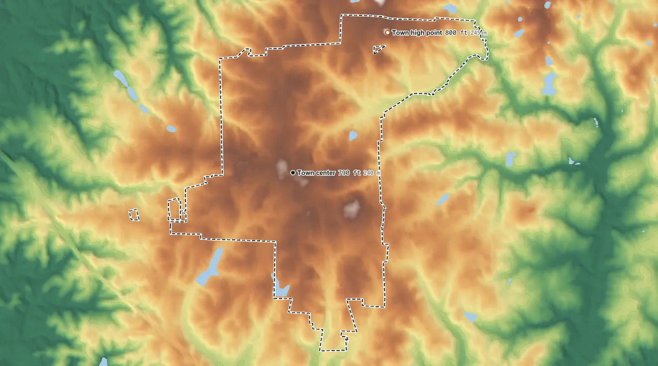 Topographic elevation map of Liberty, North Carolina, shaded from 660 ft on the south side to 800 ft on the northeast side
