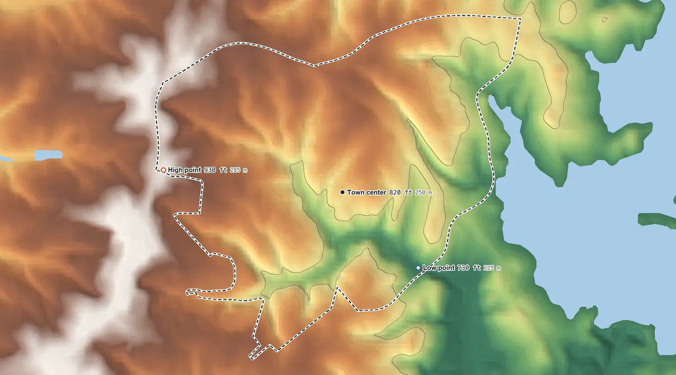 Topographic elevation map of Light Oak, North Carolina, shaded from 730 ft on the southeast side to 930 ft on the west side