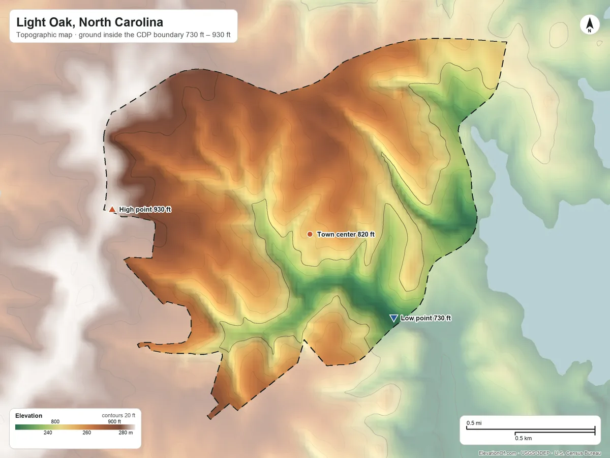 Topographic elevation map of Light Oak, North Carolina, shaded from 730 ft on the southeast side to 930 ft on the west side