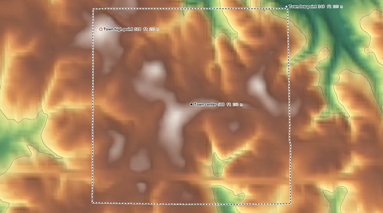 Topographic elevation map of Lilesville, North Carolina, shaded from 340 ft on the northeast side to 510 ft on the northwest side