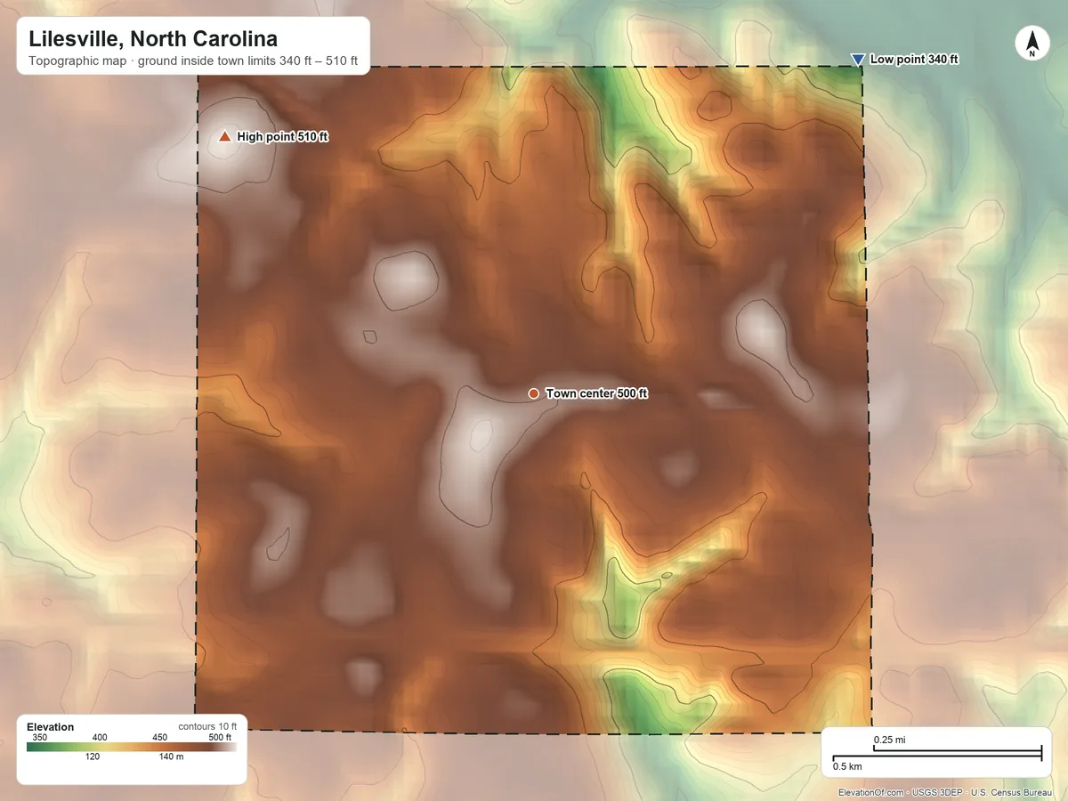 Topographic elevation map of Lilesville, North Carolina, shaded from 340 ft on the northeast side to 510 ft on the northwest side