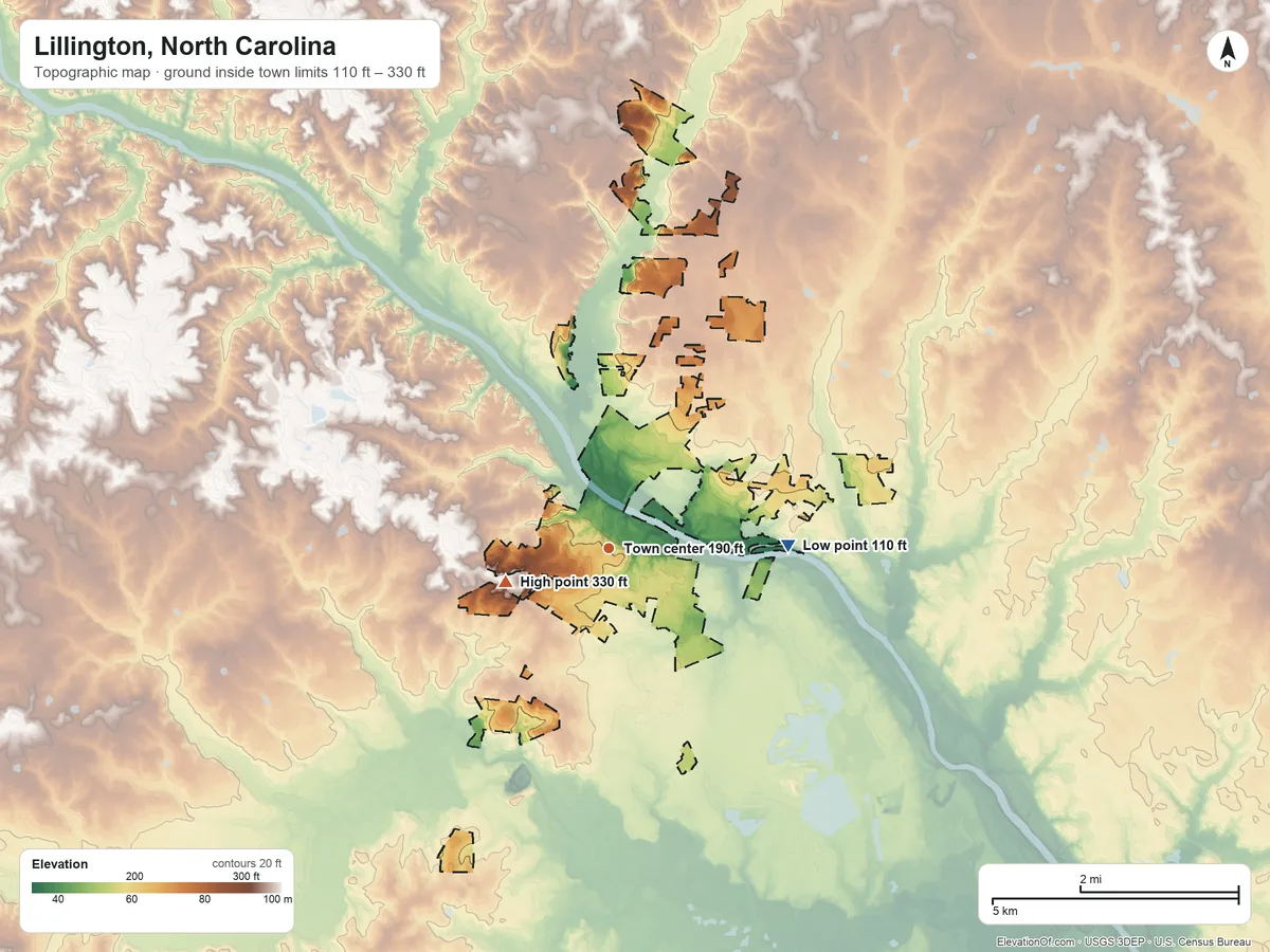 Topographic elevation map of Lillington, North Carolina, shaded from 110 ft on the east side to 330 ft on the west side