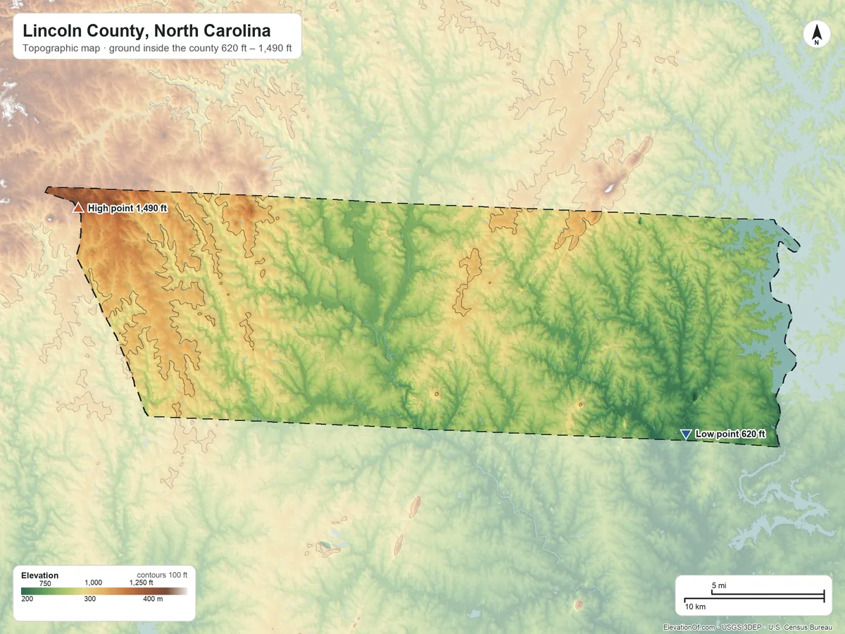 Topographic elevation map of Lincoln County, North Carolina, shaded from 620 ft on the southeast side to 1,490 ft on the west side