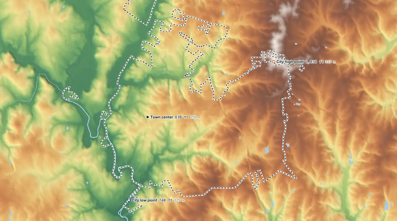 Topographic elevation map of Lincolnton, North Carolina, shaded from 740 ft on the south side to 1,030 ft on the northeast side