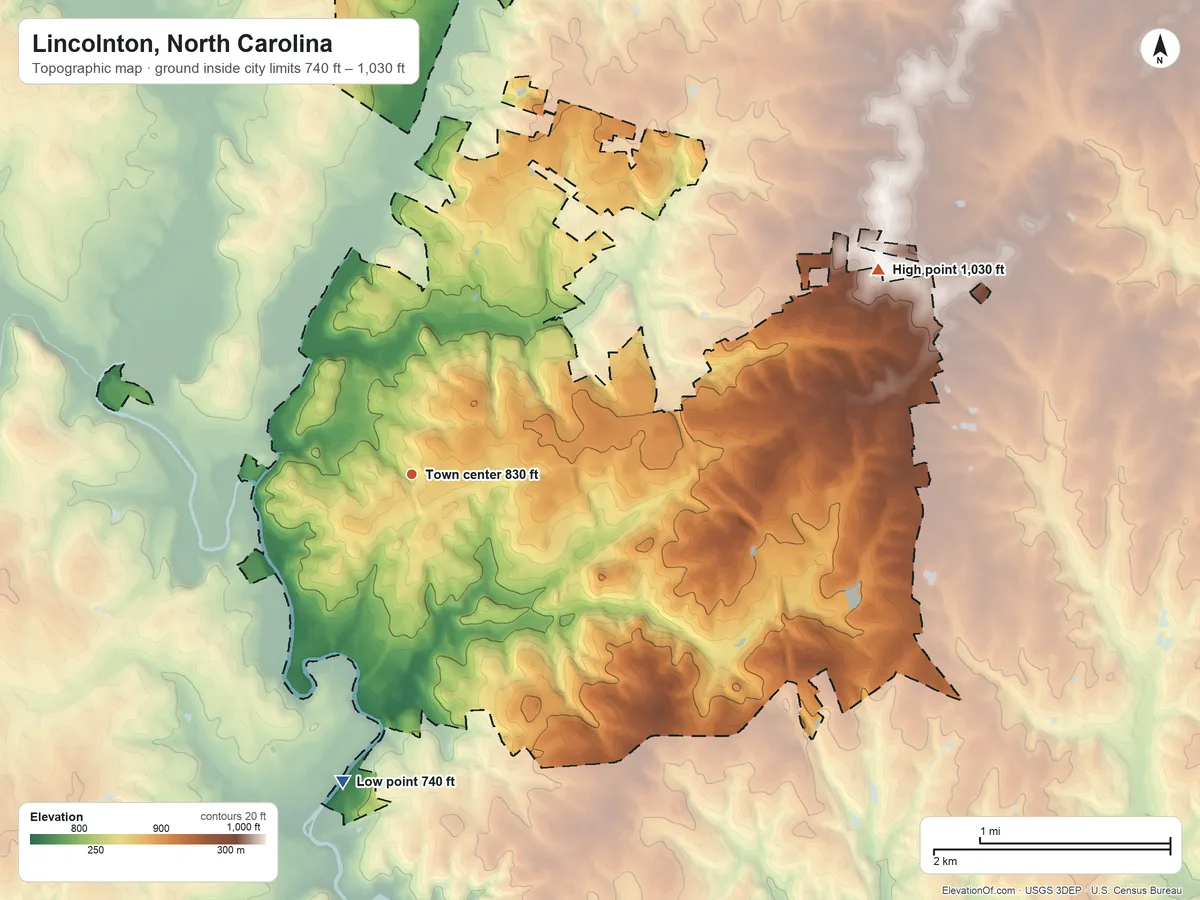 Topographic elevation map of Lincolnton, North Carolina, shaded from 740 ft on the south side to 1,030 ft on the northeast side