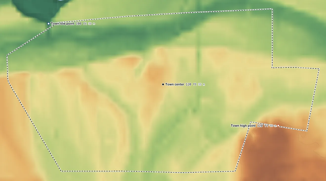 Topographic elevation map of Linden, North Carolina, shaded from 100 ft on the northwest side to 120 ft on the east side