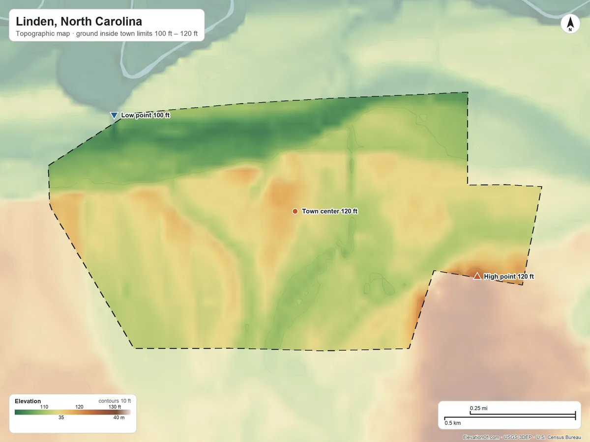 Topographic elevation map of Linden, North Carolina, shaded from 100 ft on the northwest side to 120 ft on the east side