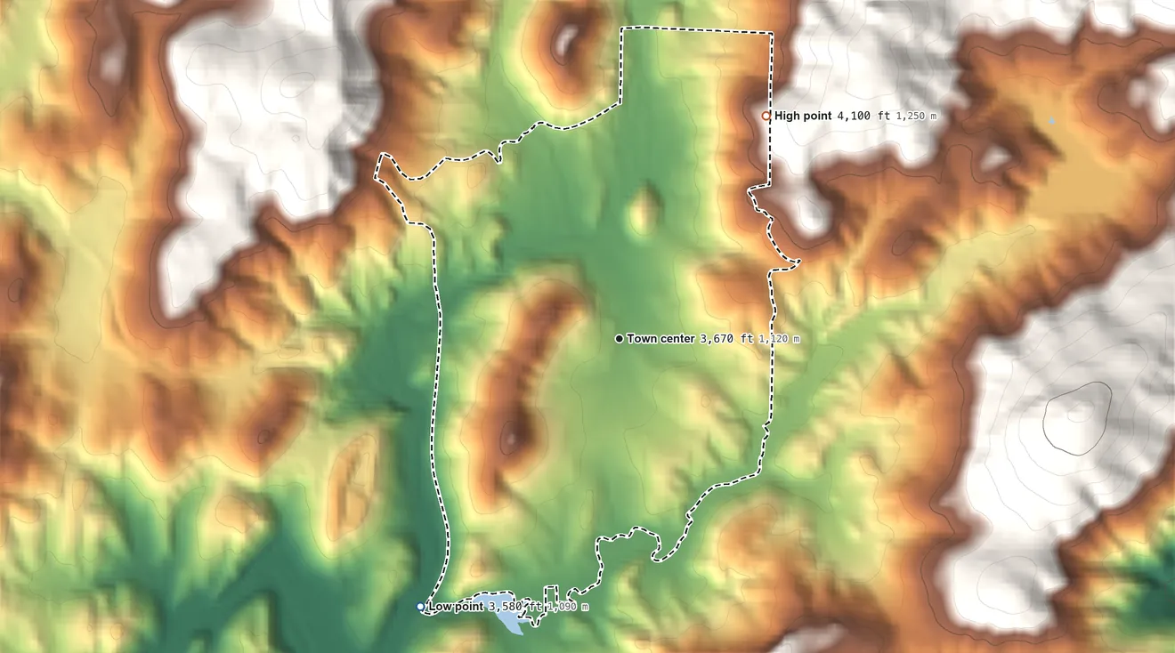 Topographic elevation map of Linville, North Carolina, shaded from 3,580 ft on the southwest side to 4,100 ft on the northeast edge, below higher ground just outside