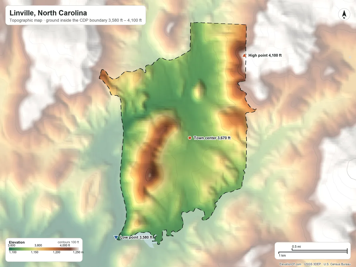 Topographic elevation map of Linville, North Carolina, shaded from 3,580 ft on the southwest side to 4,100 ft on the northeast edge, below higher ground just outside