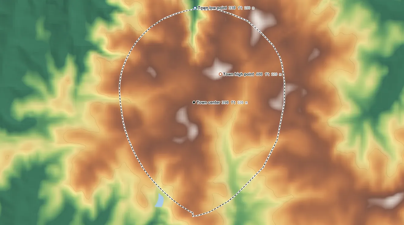 Topographic elevation map of Littleton, North Carolina, shaded from 330 ft on the north side to 400 ft on the northeast side