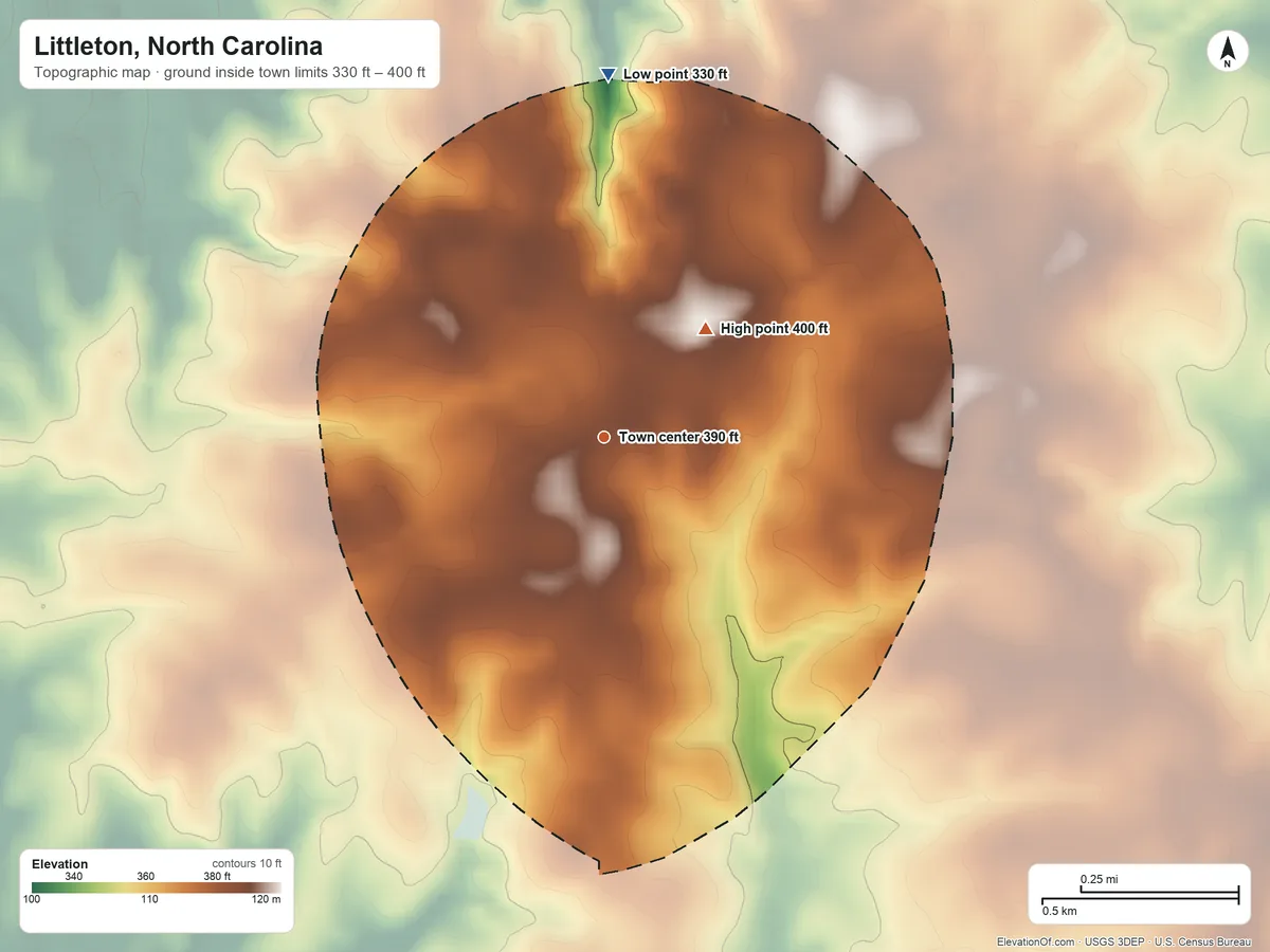 Topographic elevation map of Littleton, North Carolina, shaded from 330 ft on the north side to 400 ft on the northeast side