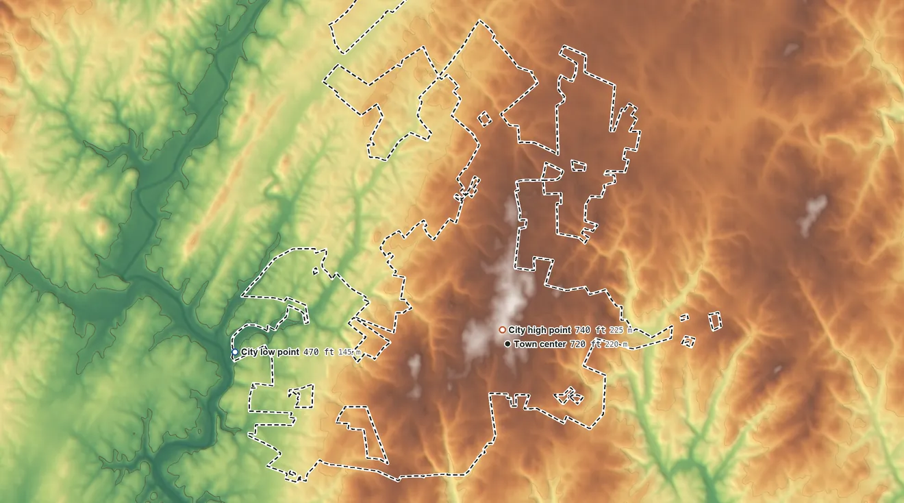 Topographic elevation map of Locust, North Carolina, shaded from 470 ft on the west side to 740 ft near the middle