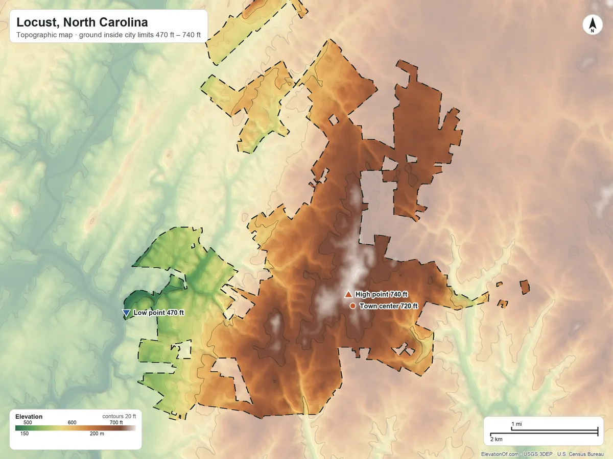 Topographic elevation map of Locust, North Carolina, shaded from 470 ft on the west side to 740 ft near the middle