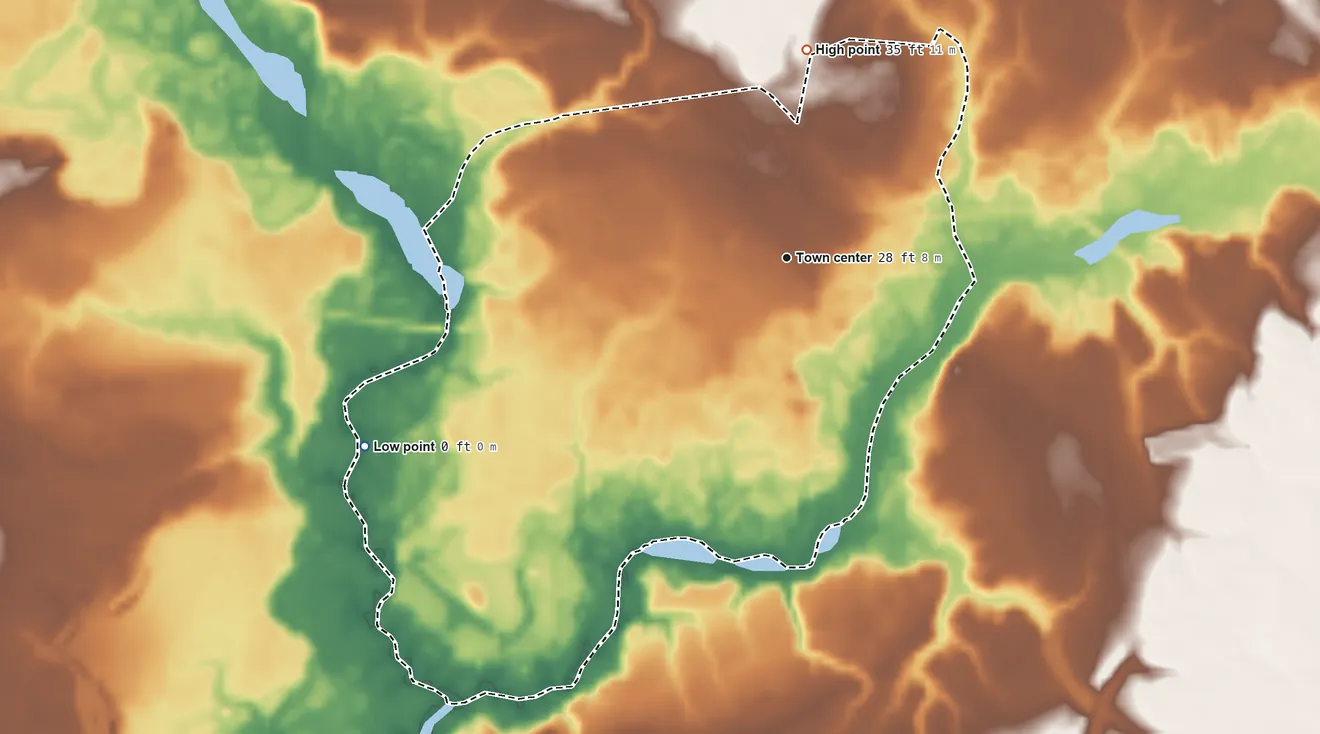 Topographic elevation map of Long Creek, North Carolina, shaded from 0 ft on the southwest side to 35 ft on the north side