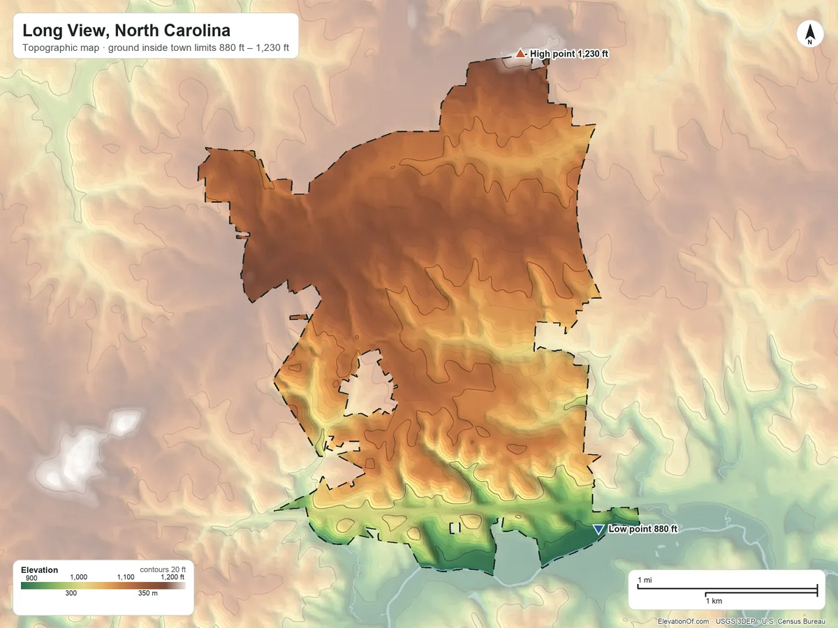 Topographic elevation map of Long View, North Carolina, shaded from 880 ft on the southeast side to 1,230 ft on the north side