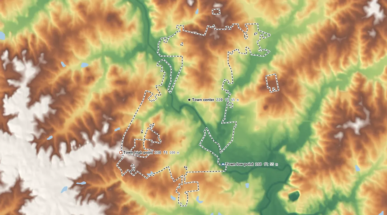Topographic elevation map of Louisburg, North Carolina, shaded from 180 ft on the southeast side to 330 ft on the southwest side