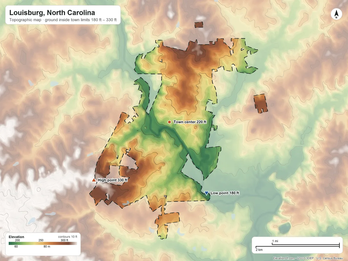 Topographic elevation map of Louisburg, North Carolina, shaded from 180 ft on the southeast side to 330 ft on the southwest side
